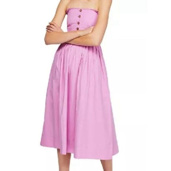 Free People Lilah‎ Midi Dress Small Pink Sleeveless Elastic Back Pleated Button - Picture 1 of 7